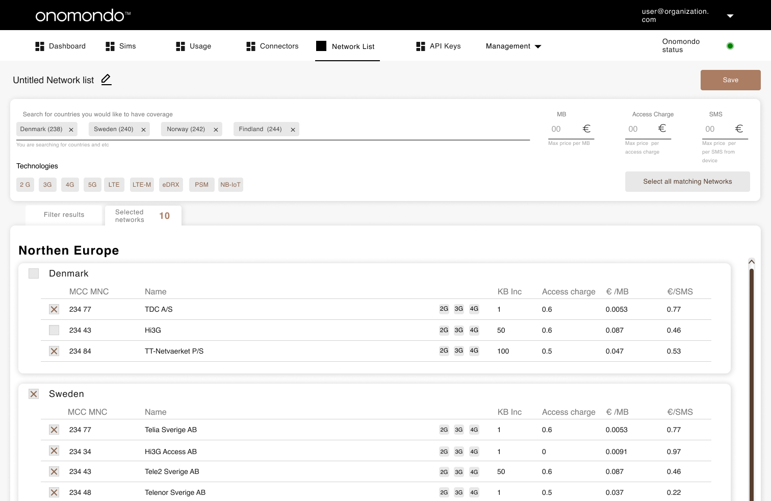 Coverage overview modal showing map and selected network list